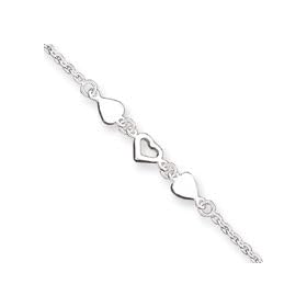 Sterling Silver Heart Link Anklet - 9 Inch - Lobster Claw