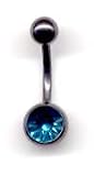 Titanium Black Jeweled Navel Bar with a Blue Zircon Swarovski stone 14 guage by 3/8