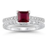 0.60 Cts Diamond & 1.04 Cts Ruby Bridal Ring Set in 14K White Gold