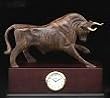 Executive Gift Wall Street Stock Market Brass Bull Sculpture Statue on a Wood and Brass Clock Base