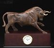 Executive Gift Wall Street Stock Market Brass Bull Sculpture Statue on a Wood and Brass Clock Base