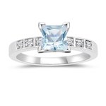 0.06 Cts Diamond & 0.70 Cts Aquamarine Engagement Ring in 14K White Gold