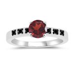 0.08 Cts Black Diamond & 1.25 Cts Garnet Engagement Ring in 14K White Gold