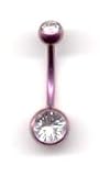 Pink Titanium Double Jeweled Navel Bar with Crystal Stones 14 guage by 3/8
