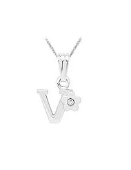 Sterling Silver Diamond Initial V Pendant Girls Necklace (14-16 in)