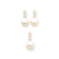14k Cult. Pearl CZ Set - Pendant 18 Inch Chain Post Earrings - JewelryWeb