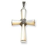 Sterling Silver w/Popcorn Chain Marcasite Mother of Pearl Cross Pendant