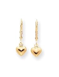14k Child Puffed Heart Drop Earrings - Measures 20x6mm - JewelryWeb