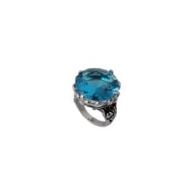 Antique Design Stainless Steel Cocktail Ring with Blue Topaz CZ - Size 8