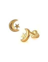 Childrens 14K Yellow Gold Moon and Star Stud Screw Back Earrings
