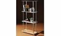 4 TIER DISP/SHELF UNIT 3 GLS SHELVES W/WOOD BASE CHRM FRAME