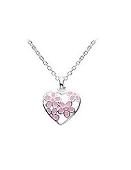 Girls Jewelry - Sterling Silver Enameled Flower Heart Necklace (12-14 in)