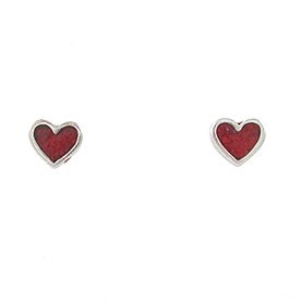 Tiny Heart Stud Earrings in Sterling Silver with Coral Chip Inlay, #8065