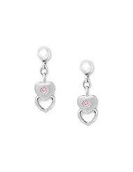 Silver Young Girls Dangling Stacked Hearts Earrings With Pink Sapphire