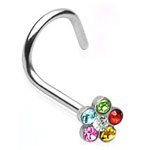 Multi Crystal Sterling Silver Flower Top Nose Stud Screw
