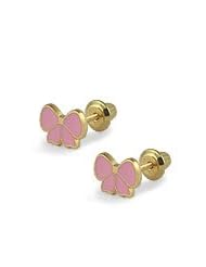 14K Yellow Gold Pink Enameled Bow Kids Screw Back Earrings For Girls