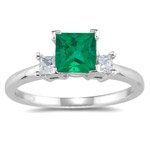 0.20 Cts Diamond & 0.39 Cts of 4.5 mm AA Princess Emerald Three Stone Ring in 18K White Gold