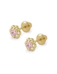 14K Yellow Gold Pink Cubic Zirconia Flower Screw Back Girls Earrings