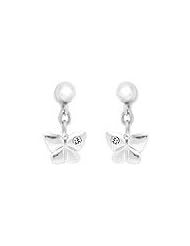 Sterling Silver Young Girls Diamond Dangling Butterfly Earrings