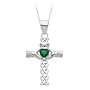 Synthetic Emerald Claddagh Cross Pendant in 14K White Gold