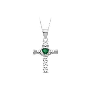 Synthetic Emerald Claddagh Cross Pendant in 14K White Gold by