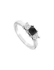 14K White Gold Princess Prong Set Black and White Diamond Three Stone Ring 2.00 CT TDW