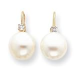 14k White Button Cultured Pearl Diamond Leverback Earrings