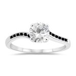 0.16 Cts Black Diamond & 1.14 Cts White Topaz Engagement Ring in 14K White Gold