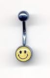 Light Blue Titanium Novelty Navel Bar with Smiley Face 14 guage by 3/8