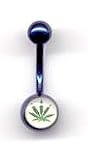 Dark Blue Titanium Novelty Navel Bar with Cannabis Leaf 14 guage by 1/2