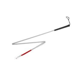 White folding cane for visually impaired or blind person. Includes wrist strap. Heavy duty construction.