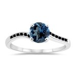 0.16 Cts Black Diamond & 1.14 Cts London Blue Topaz Engagement Ring in 14K White Gold