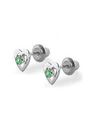 Kids 14K White Gold May Birthstone Emerald Heart Earrings For Girls