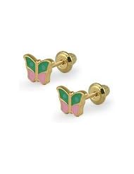14K Yellow Gold Butterfly Screw Back Girls Earrings with Pink & Green Enamel