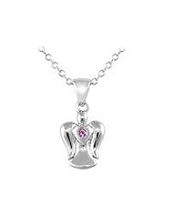 14-16 in Silver Pink Sapphire Angel Pendant Trace Chain Girl Necklace
