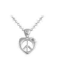 Girls Silver Diamond Heart Shape Peace Sign Pendant Necklace (14-16 inches)