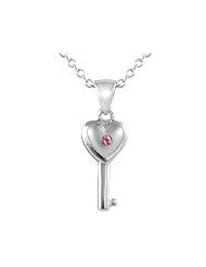 Girls Sterling Silver Pink Sapphire Key Necklace (14-16 inches)