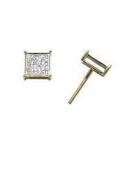 14K Yellow Gold .16CT Micropave Diamond Square Stud Screw Back Earrings