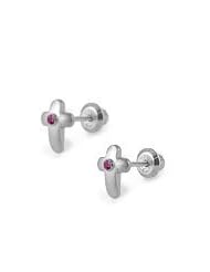Child Jewelry - Silver Pink Sapphire Cross Girls Screw Back Earrings
