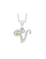 Silver & 14K Gold Diamond Script Initial V Childrens Necklace (14-16 in)