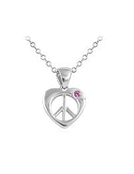 Silver Pink Sapphire Heart Shape Peace Sign Pendant Girl Necklace (14-16 inches)