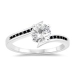 0.14 Cts Black Diamond & 1.14 Cts White Topaz Engagement Ring in 14K White Gold