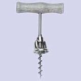 CORKSCREW, NICKEL PLATED STEEL SCREW AND BELL, WOODEN HANDLE.