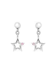 Silver Young Girls Dangling Star Earrings With Pink Sapphire Accent