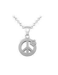 Girls Silver Diamond Peace Sign Pendant Trace Chain Necklace (14-16 inches)
