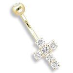 14kt Gold CZ Gem Cross Navel Belly Button Ring