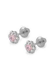 14K White Gold Pink Cubic Zirconia Flower Girls Screw Back Earrings