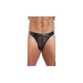 MENS BLACK PVC AND MESH STRETCHY THONG - SUNVIBE (Medium)