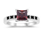 0.08 Cts Black Diamond & 0.97 Cts Garnet Engagement Ring in 14K White Gold