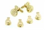 Yellow gold plated money bags cufflinks and shirt stud formal set with presentation box. Made in the U.S.A